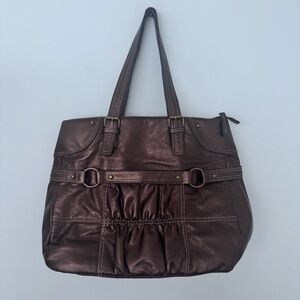 Lancôme Bronze Metallic Buckle Bag Women's Brown Leather Tote Bag (12x14)